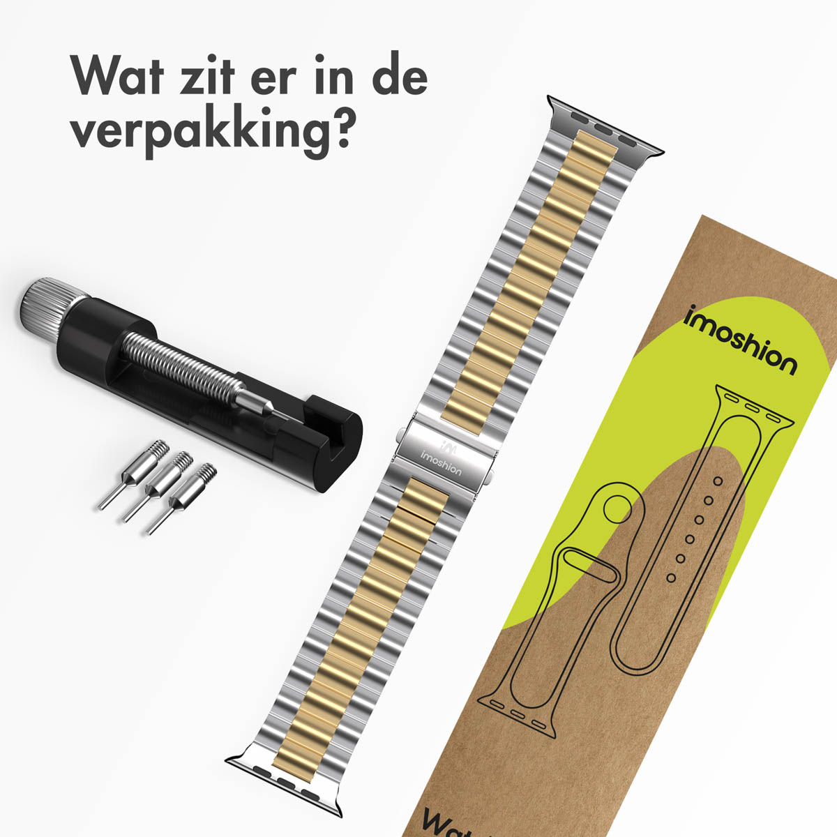 Watch band replacement kit with tools, including a band and pins. White background.