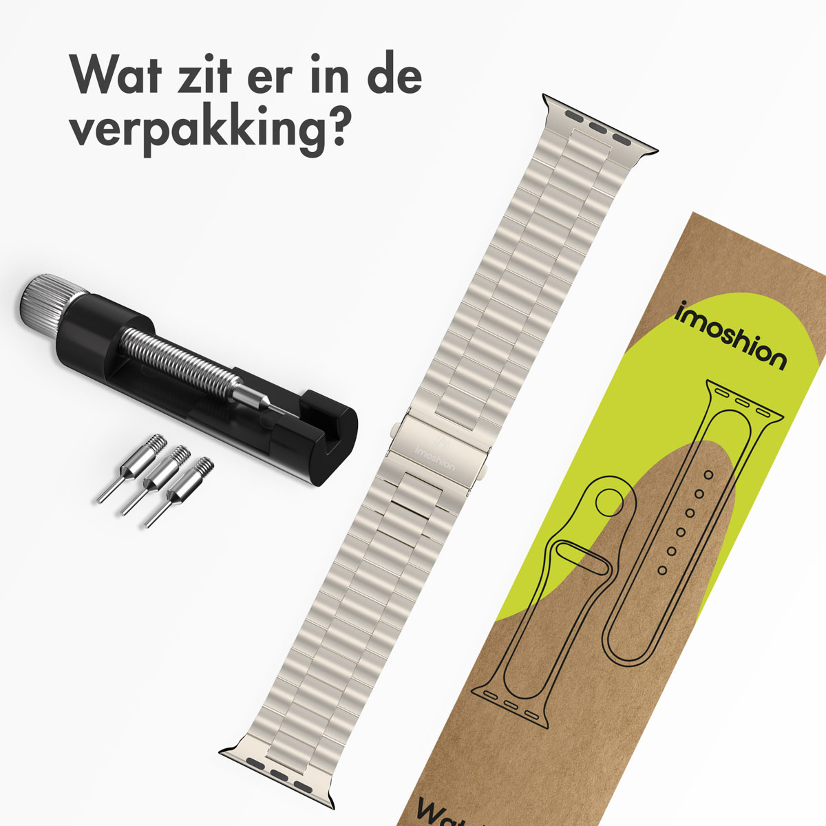 An image shows a watch band, tools, and a packaging box.