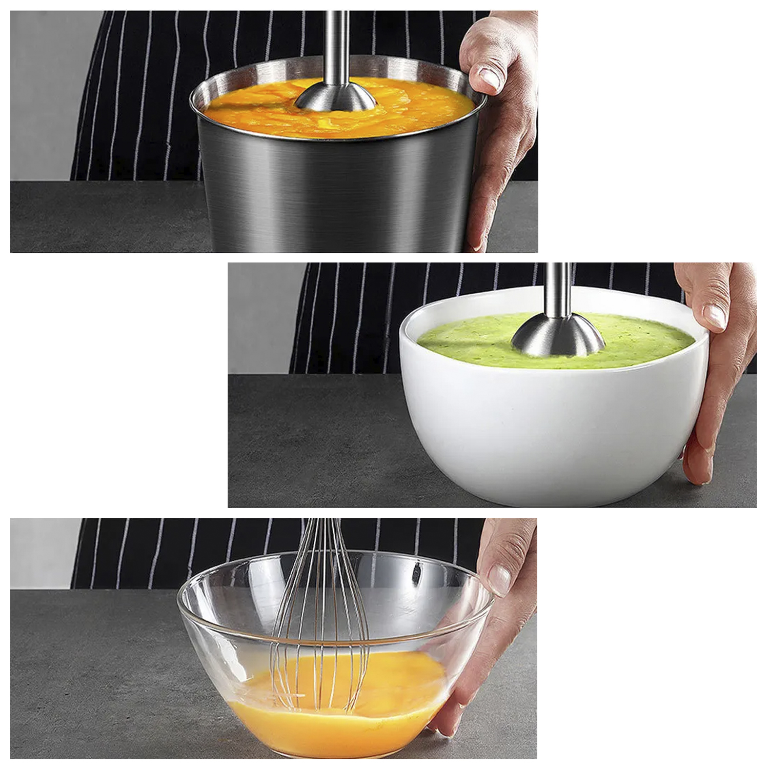 Mixer in verschiedenen Schüsseln. Enthält Orangensuppe, grüne Suppe und rohes Ei mit Eigelb.