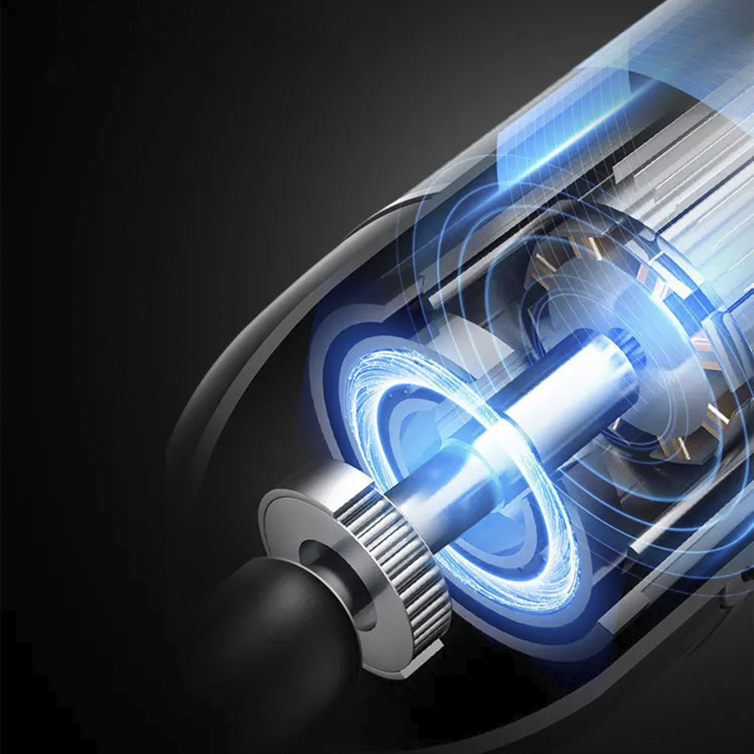 Nahaufnahme der Innenstruktur eines Elektromotors. Blaues Licht geht vom Zentrum aus, was den Energiefluss anzeigt.