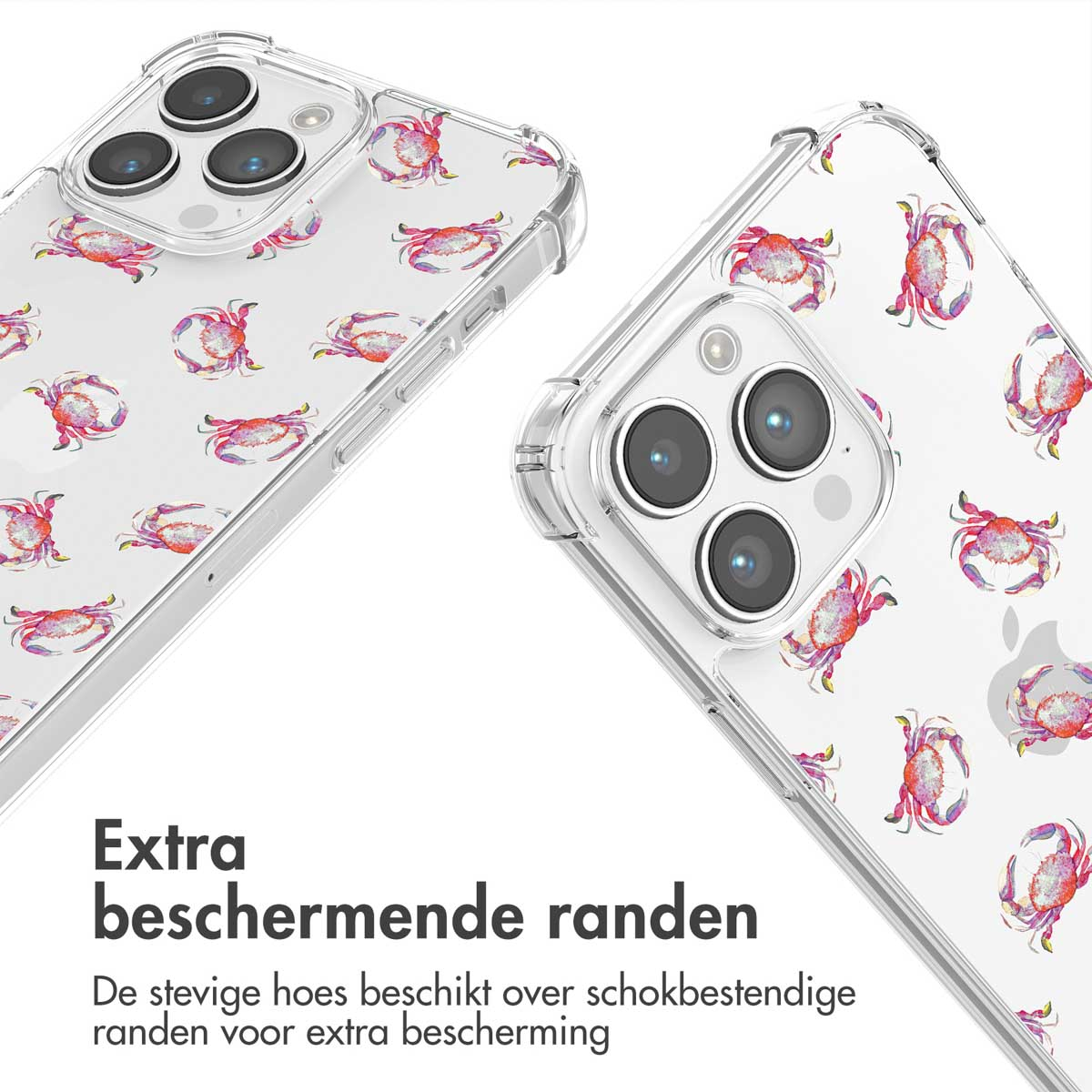 Doorzichtige telefoonhoes met krabbenpatroon en camera's.