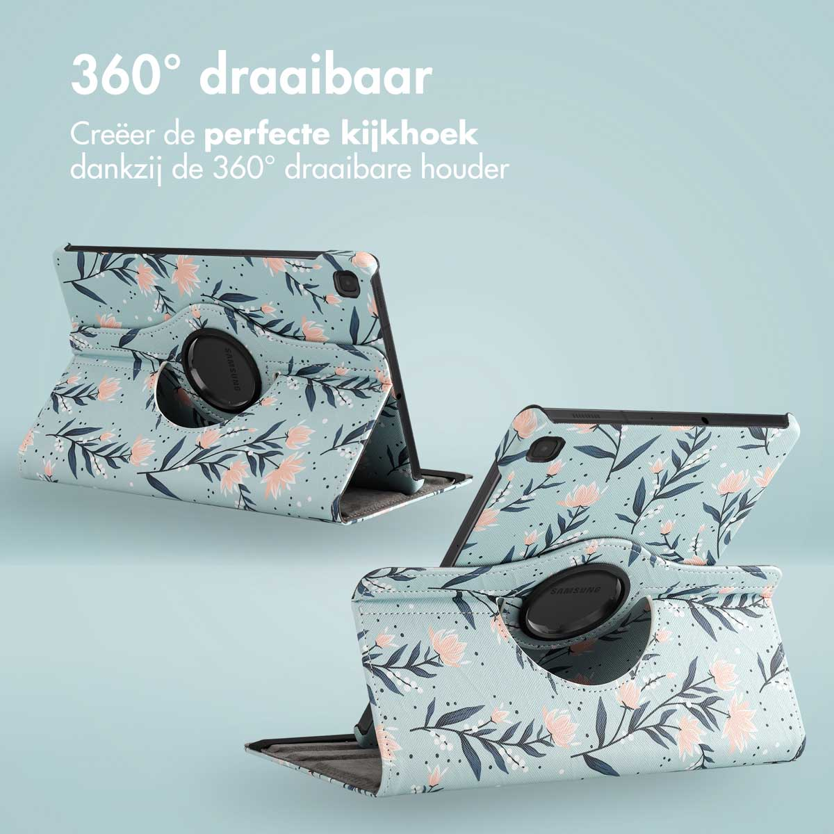 Drie tabletcases met bloemenmotief worden getoond. Ze zijn gemaakt van blauw en roze. De cases draaien 360 graden.