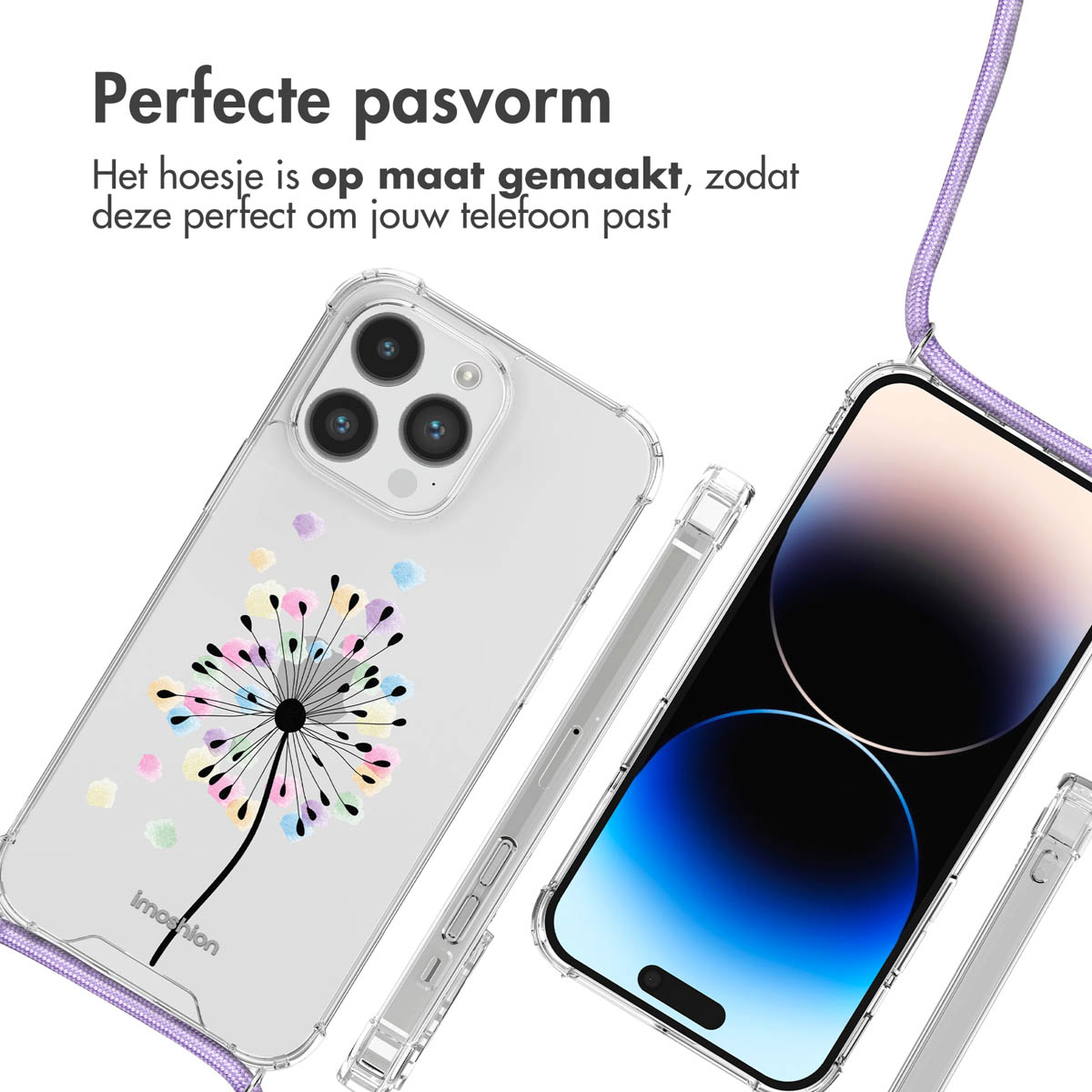 Transparante telefoonhoes met paardenbloemontwerp en telefoon, tekst: 'Perfecte pasvorm'.