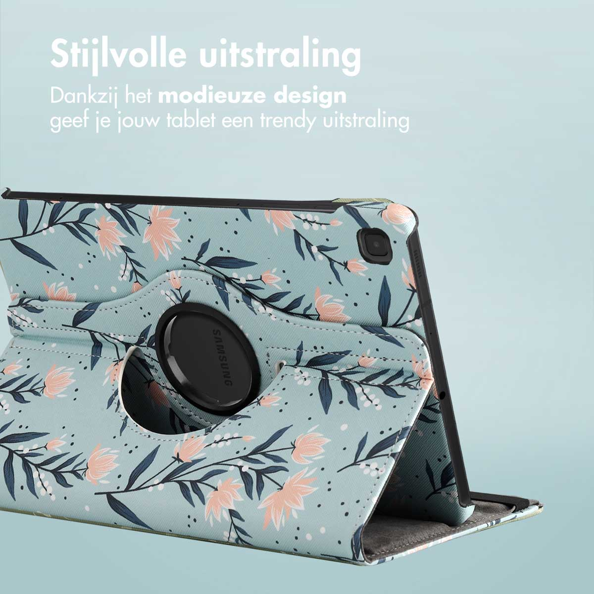 Tablethoes met bloemenontwerp, tekst: 'Stijlvolle uitstraling'.