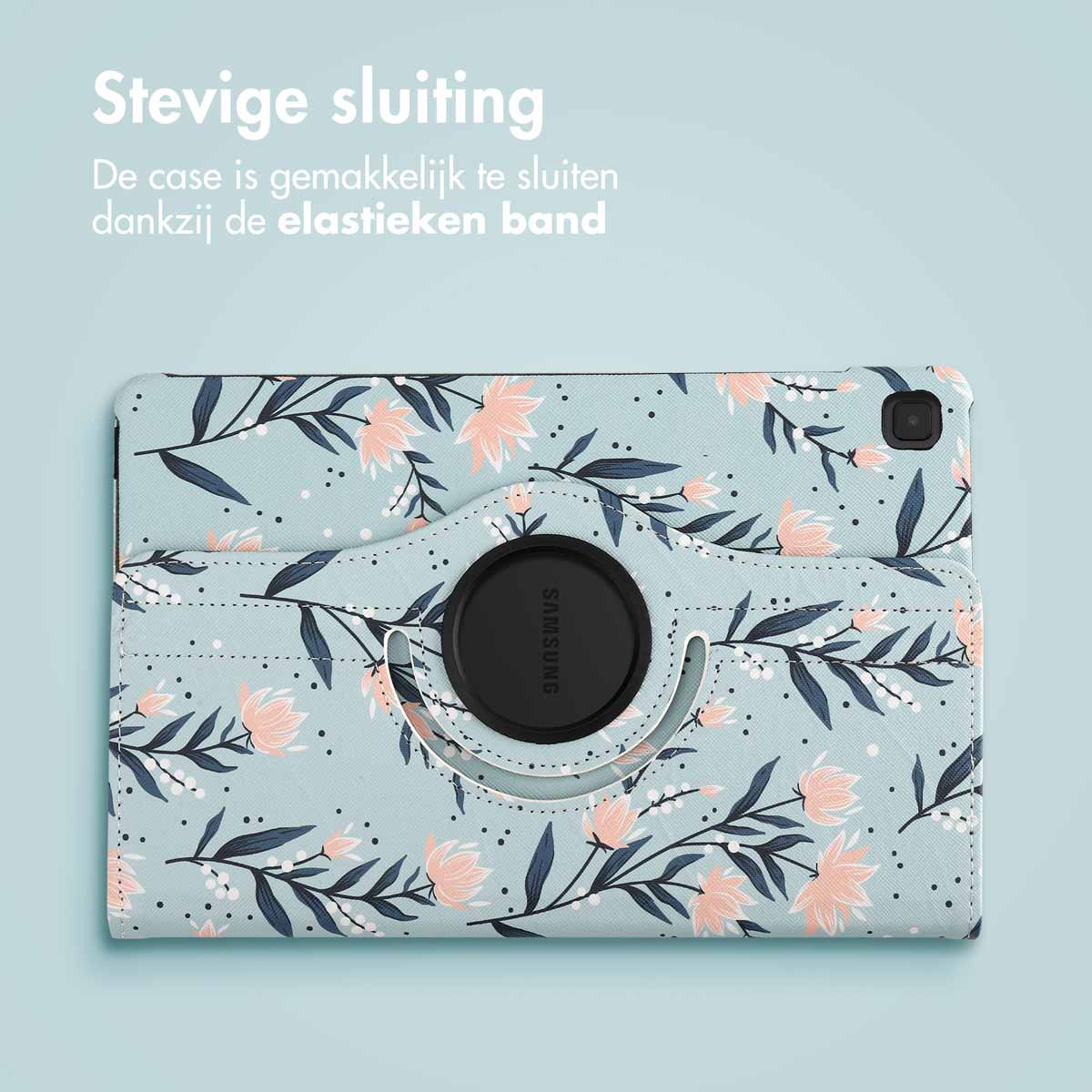 Tablethoes met bloemenprint, gesloten met een elastische band. Tekst: Veilige sluiting.