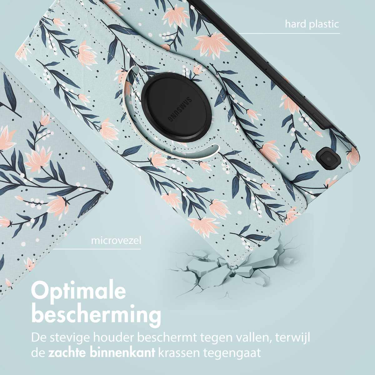 Tablethoes met bloemenpatroon, open om de tablet binnenin te laten zien. Tekst zegt “Optimale bescherming”.