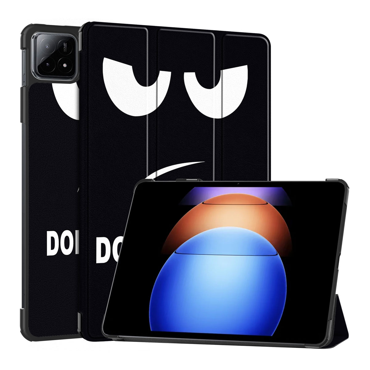 Étui de tablette noir avec un design de visage de dessin animé et une tablette à l'intérieur.