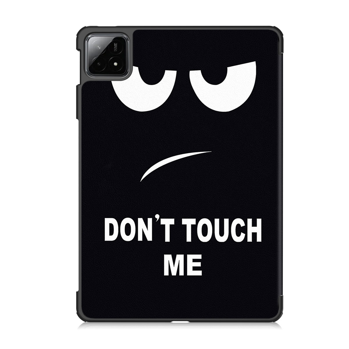 Étui de tablette noir avec un visage en colère blanc et le texte 'DON'T TOUCH ME'.