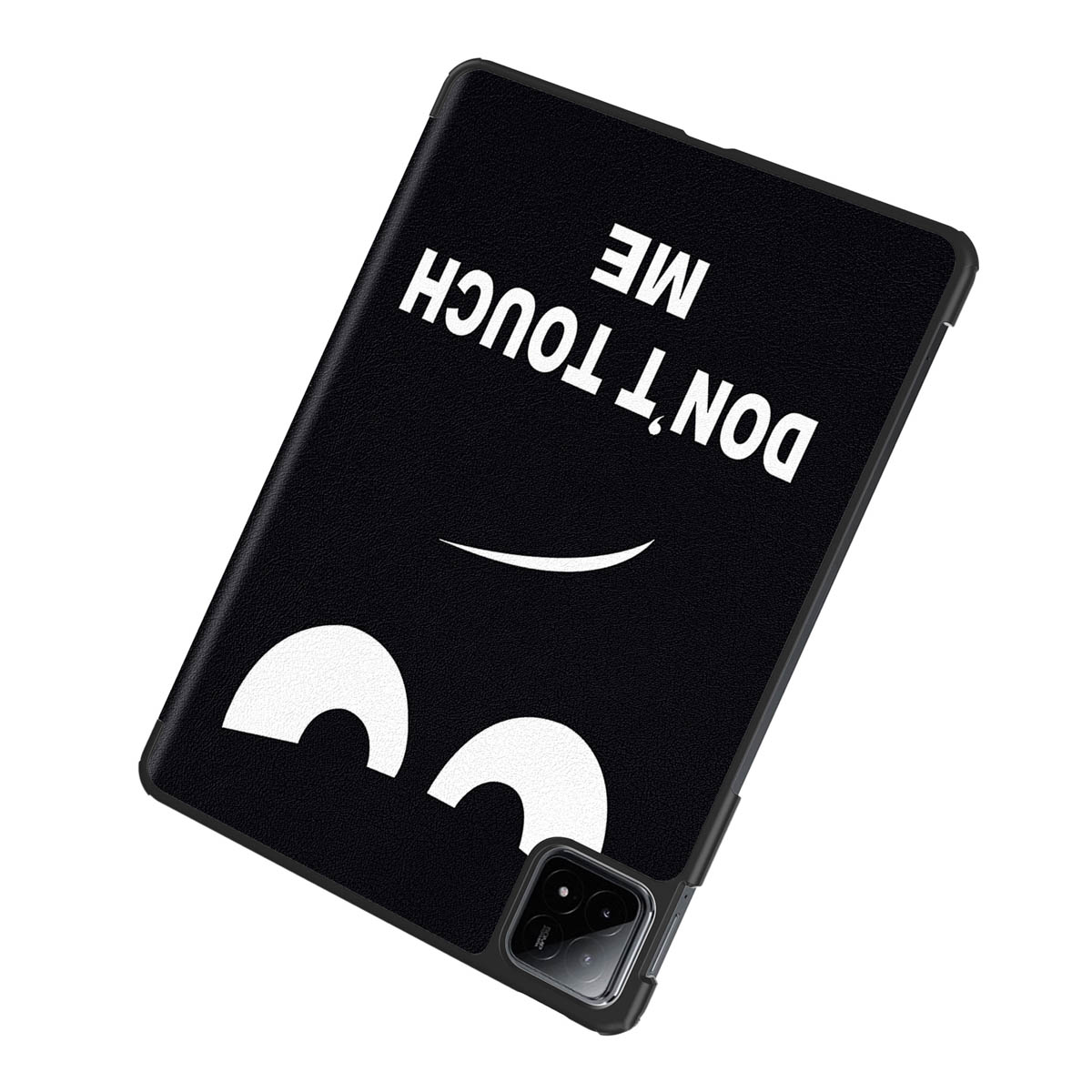 Coque noire avec un visage souriant et le texte 'DON'T TOUCH ME', fond blanc.