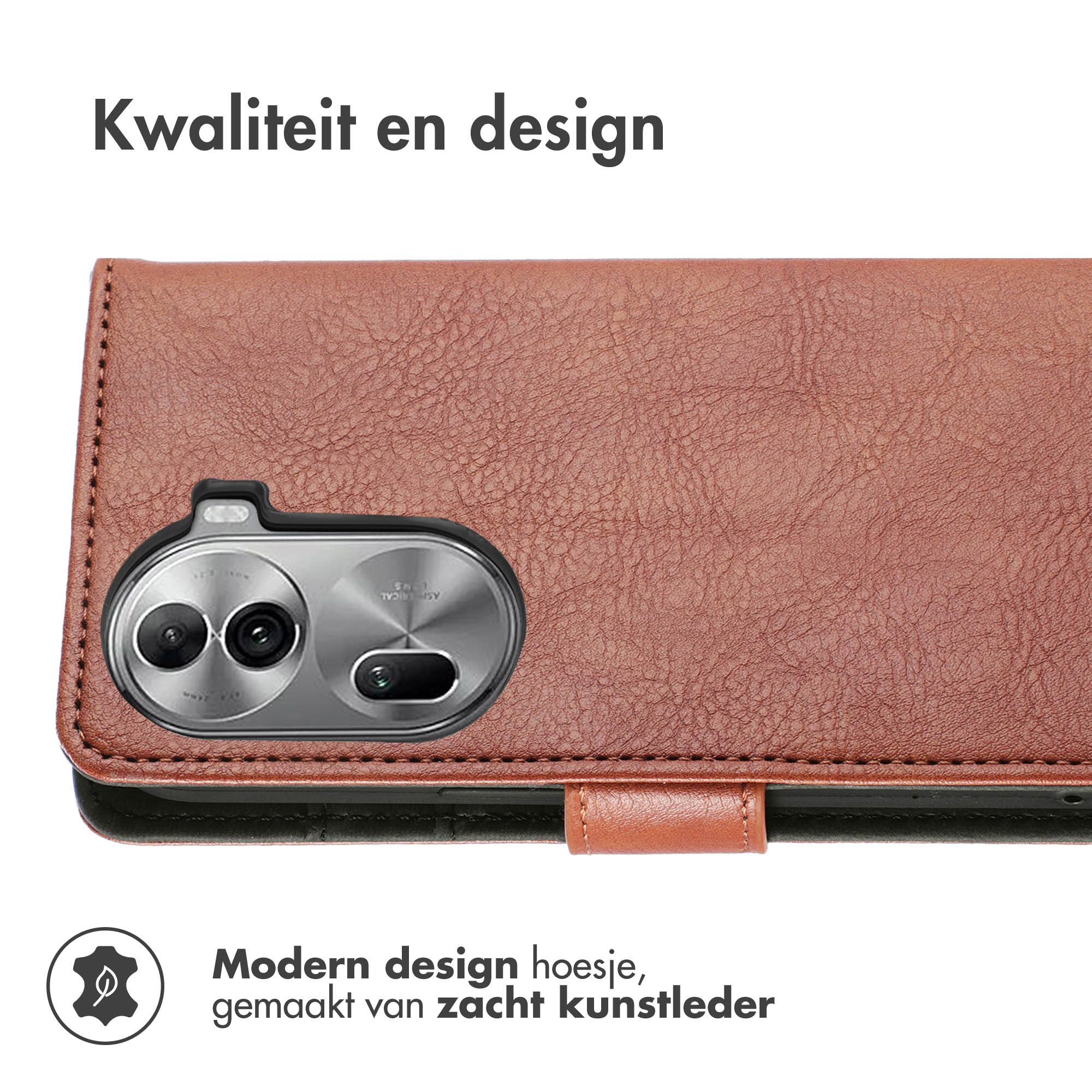 Bruine telefoonhoes met camera-uitsparingen. Tekst erboven: 'Kwaliteit en design'. Tekst over design eronder.