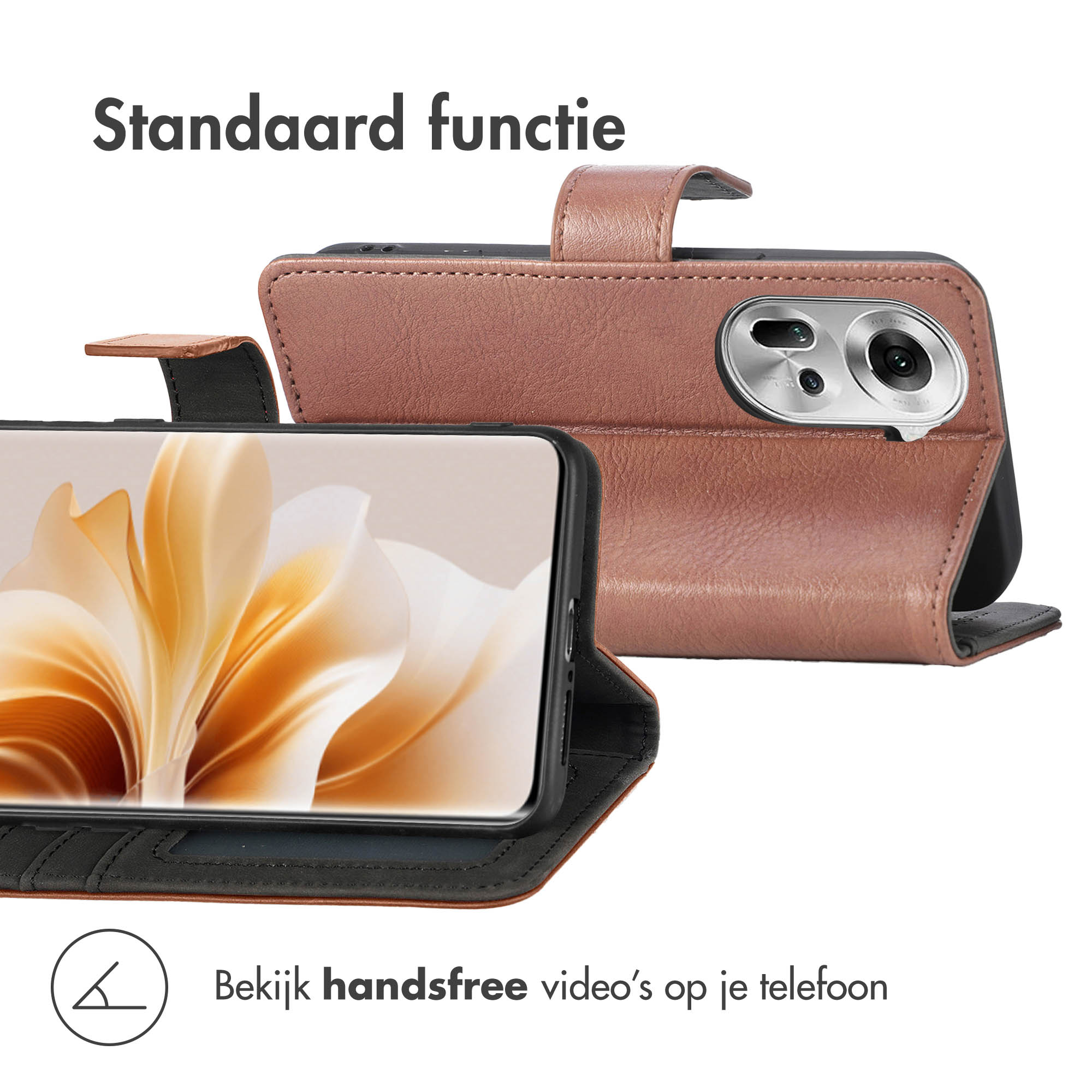 Telefoon in een bruine portemonneehoes, met een ontwerp op het scherm.