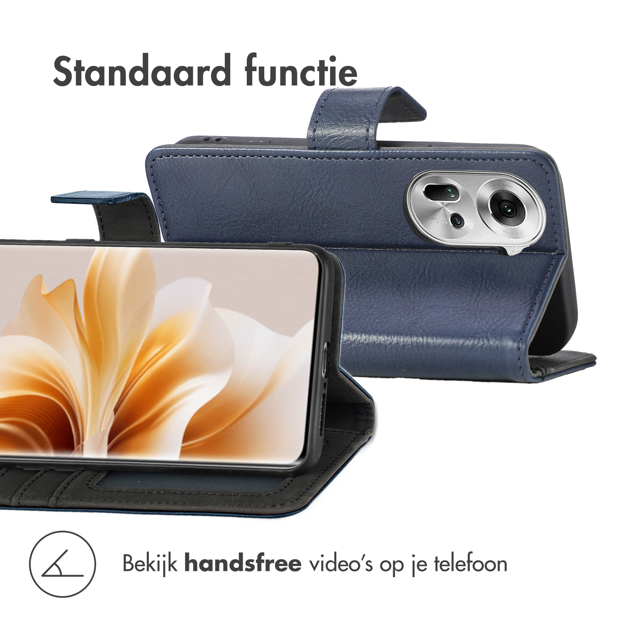 Een blauwe telefoonhoes, open, met een telefoon erin. De telefoon toont een afbeelding.