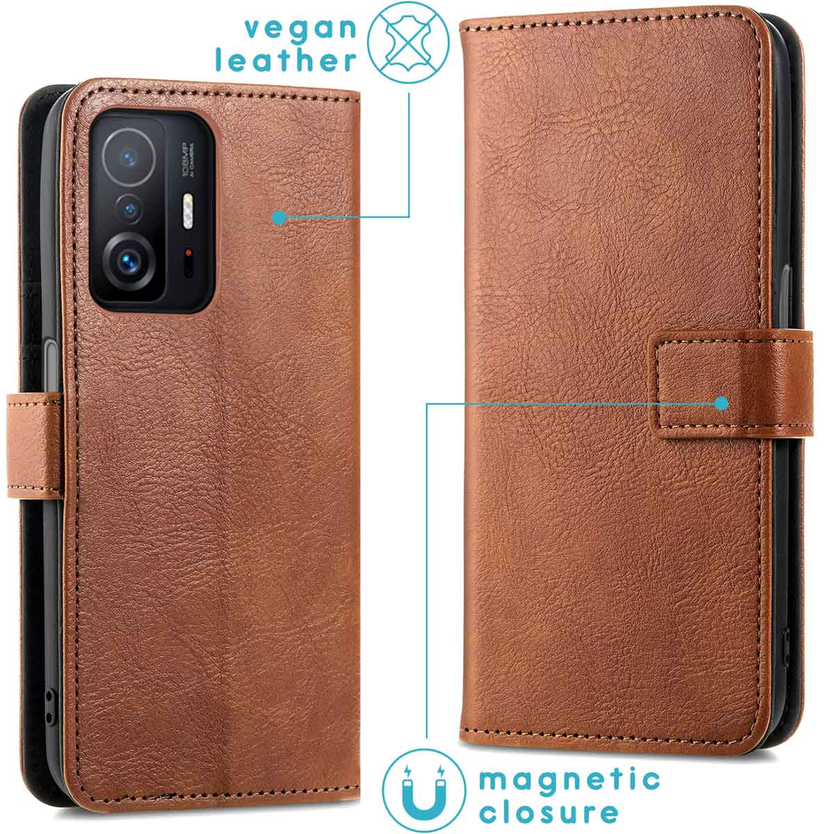 Coque de téléphone marron, cuir végétal. Conception de fermeture magnétique, vue ouverte.