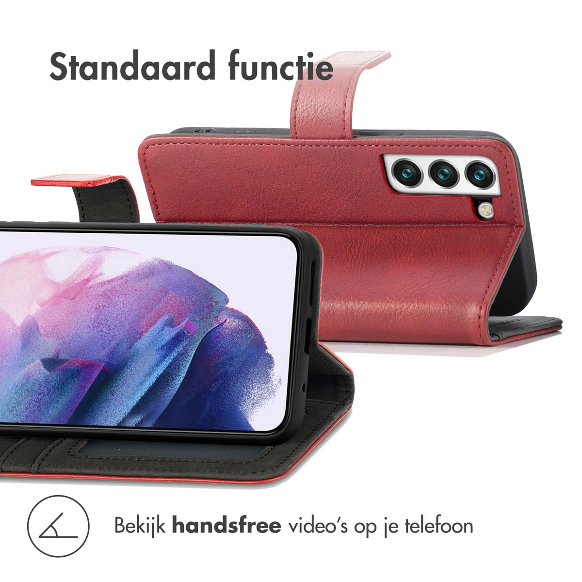 Rode telefoon in zwarte leren hoes, open, met scherm met paars ontwerp.