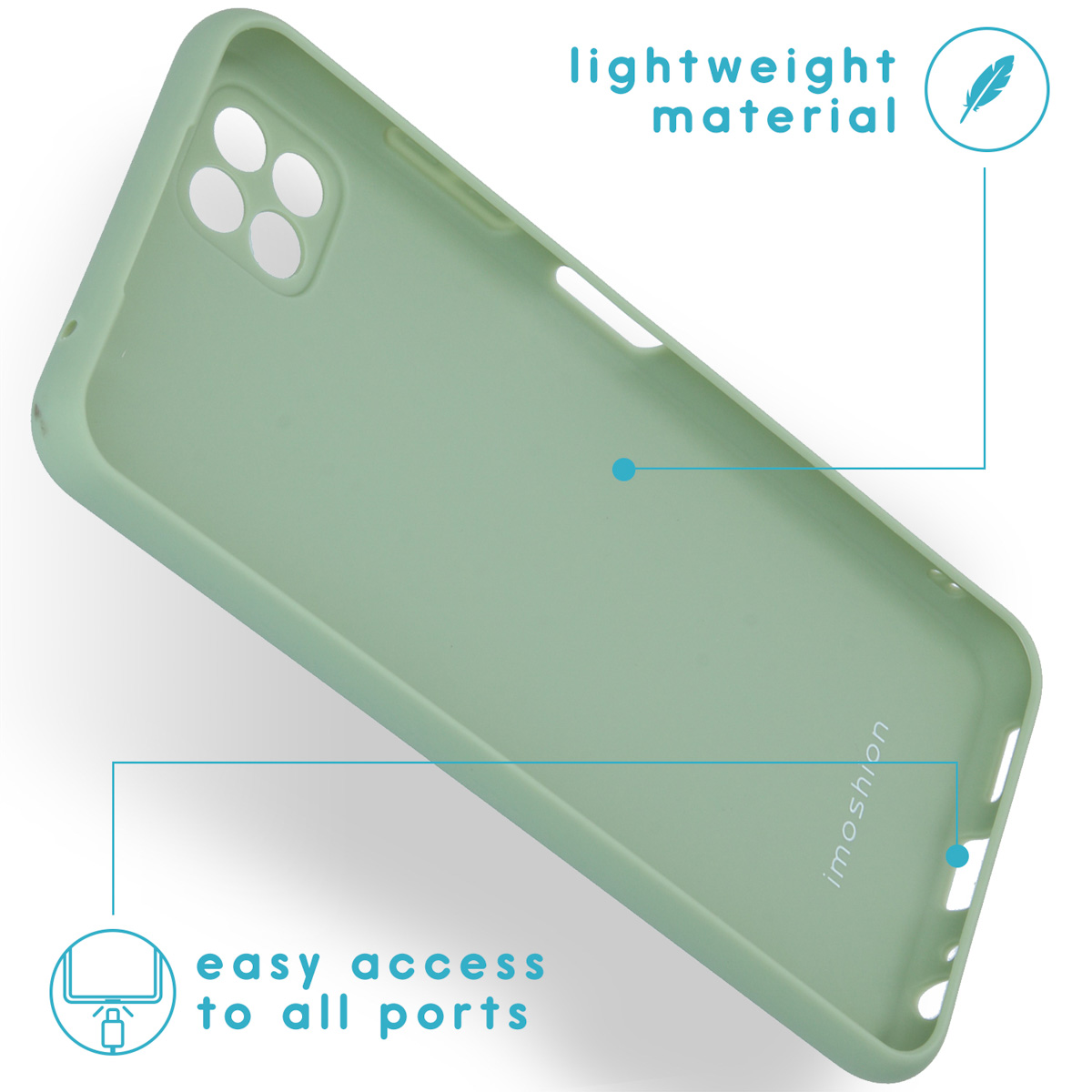 Custodia verde per telefono, con annotazioni per materiale leggero e facile accesso alle porte.