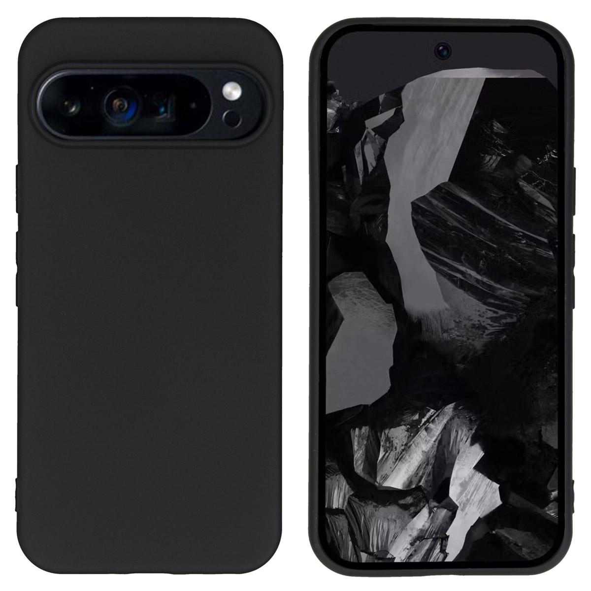 Coque de téléphone noire, avec un téléphone à l'intérieur montrant une formation rocheuse. Vue latérale.