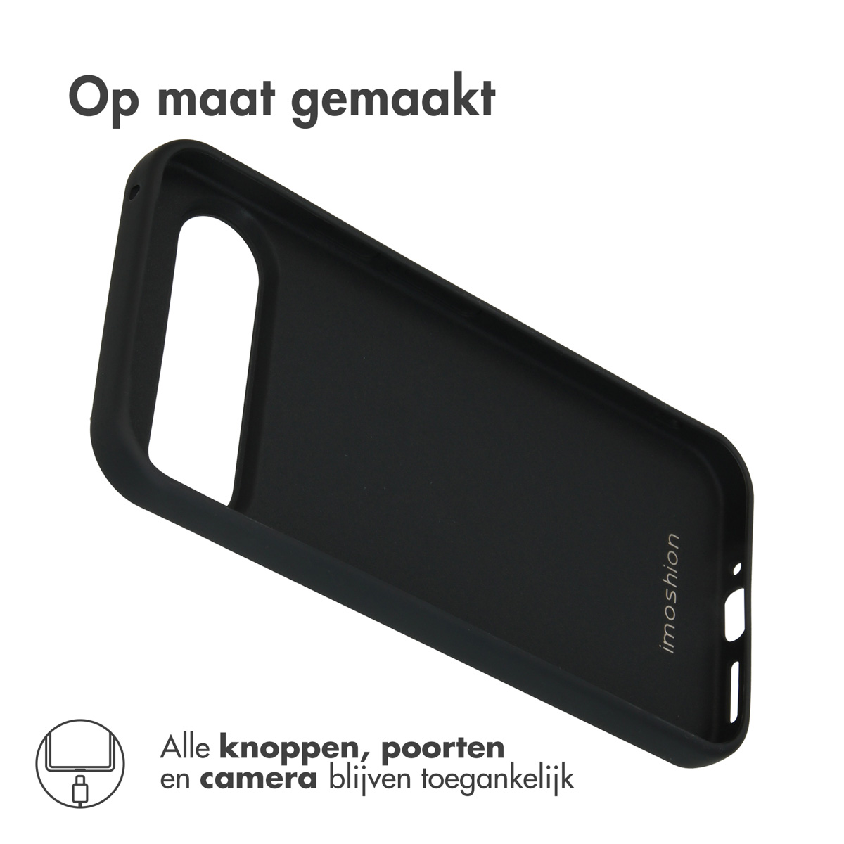 Coque de téléphone noire avec découpes pour boutons et appareil photo.