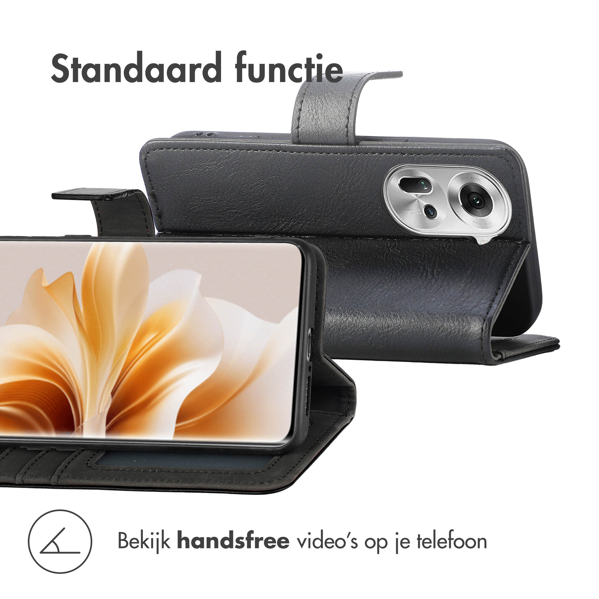 Zwarte telefoonhoes open, met cameramodule en scherm.