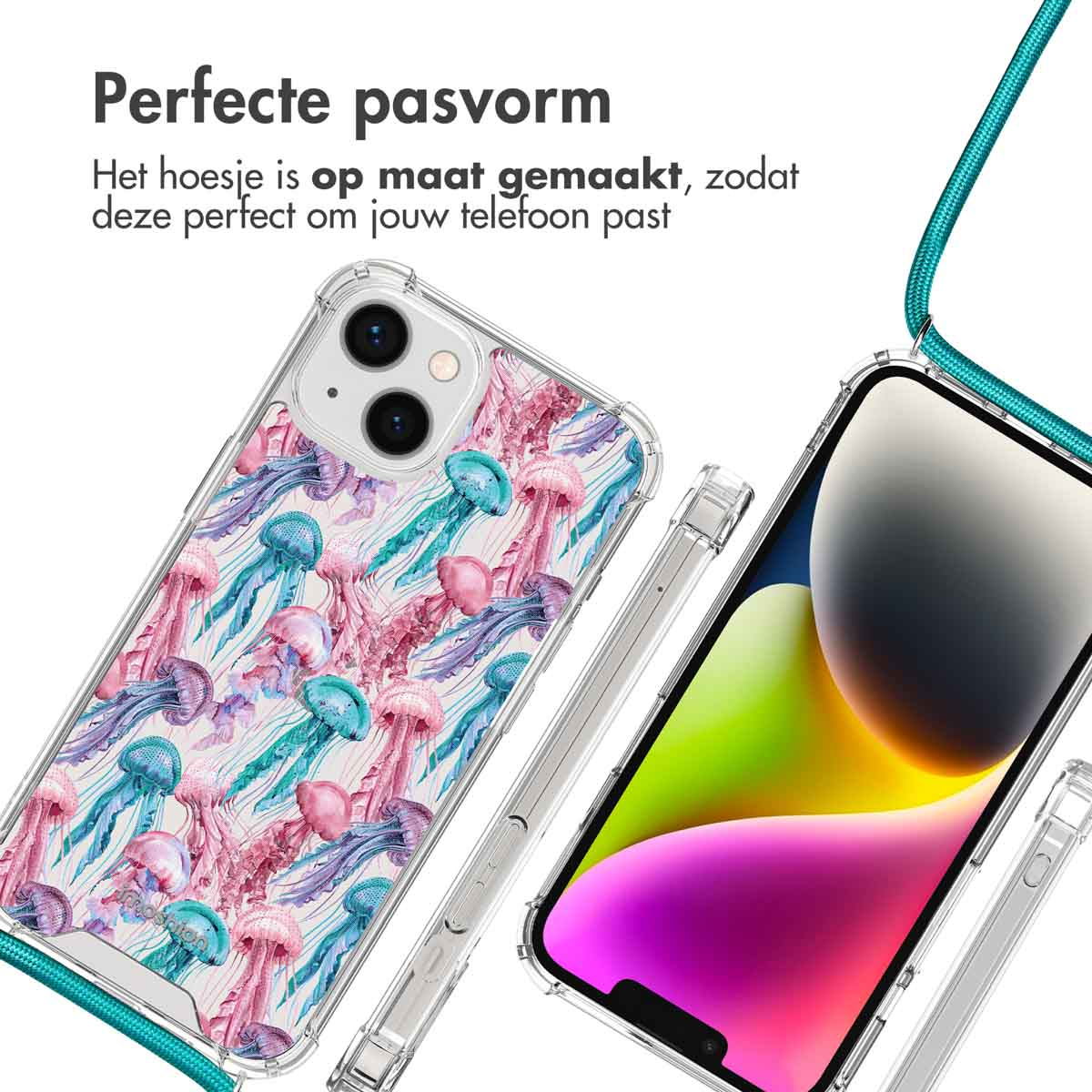 Transparante telefoonhoes met kwallenprint en blauw koord, naast een smartphone.