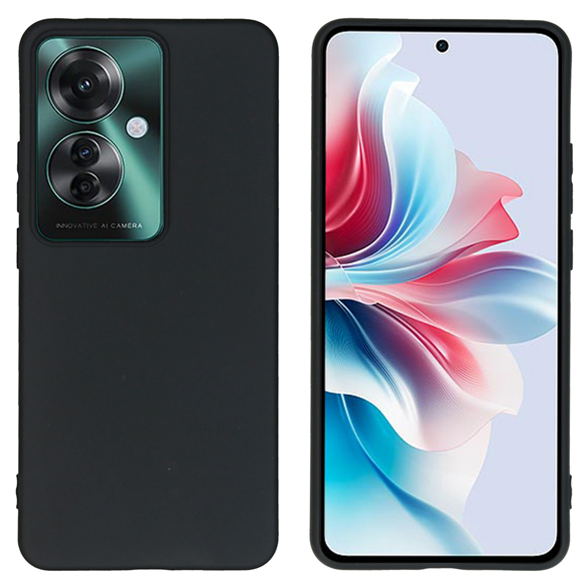 Coque et téléphone noirs. La coque a des découpes pour l'appareil photo. Le téléphone affiche un écran coloré. Fond noir.