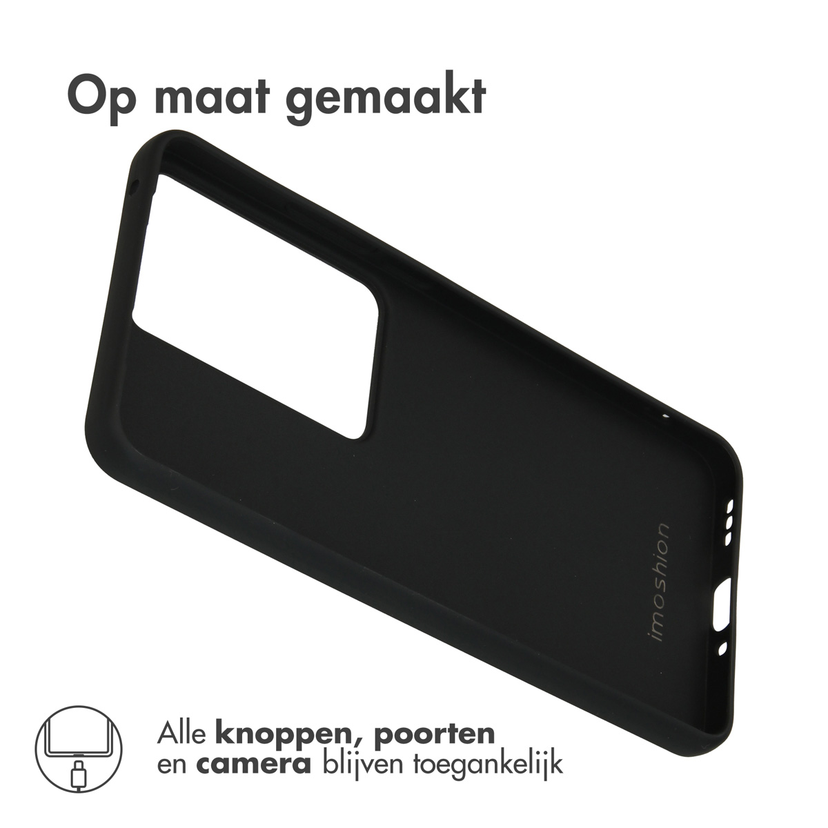 Coque de téléphone noire avec découpe. Fond blanc.