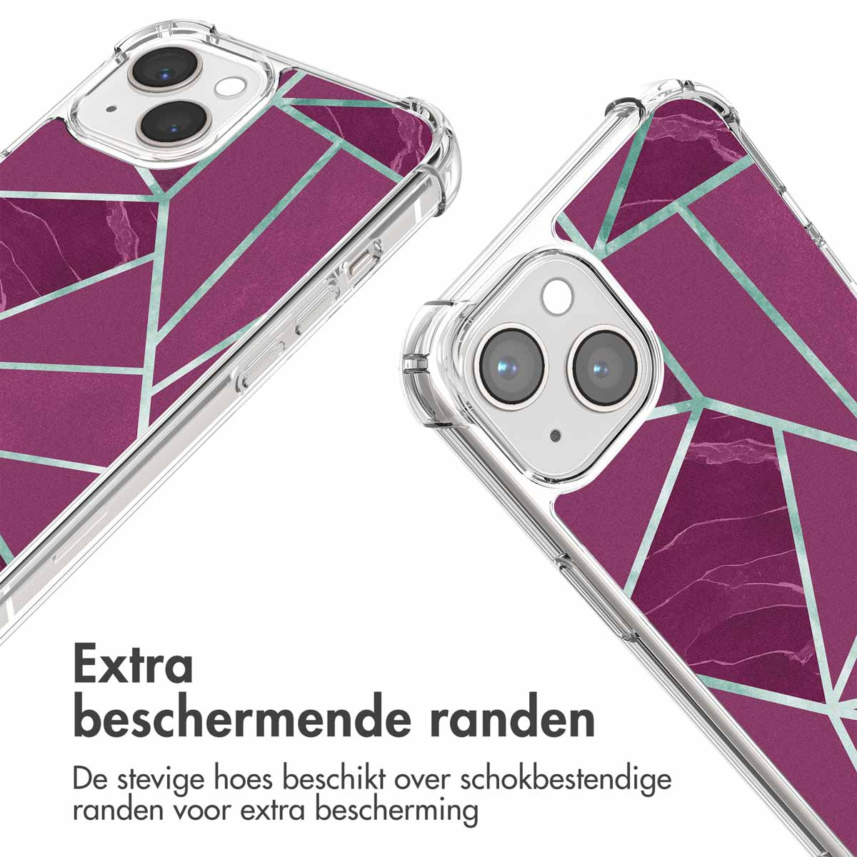 Doorzichtige telefoonhoes met paars marmerpatroon en geometrische lijnen.