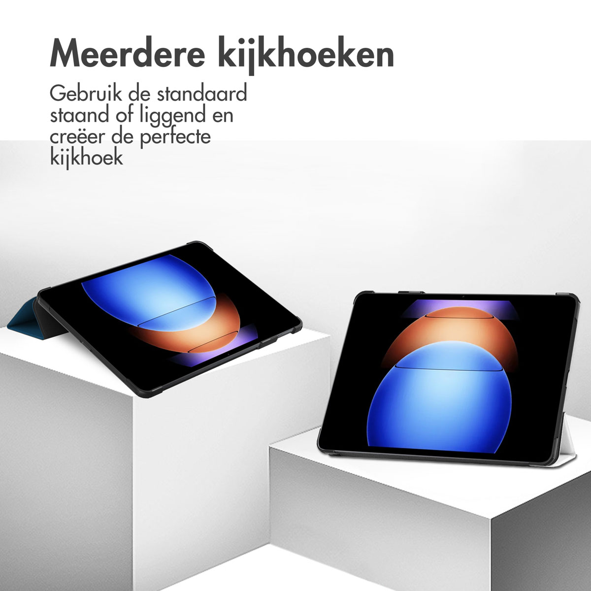 Deux tablettes dans des étuis, affichées sous différents angles. Le texte indique plusieurs angles de vision.