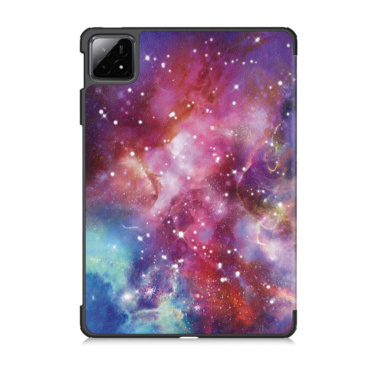 Tablette avec un étui montrant un motif de galaxie coloré au dos.