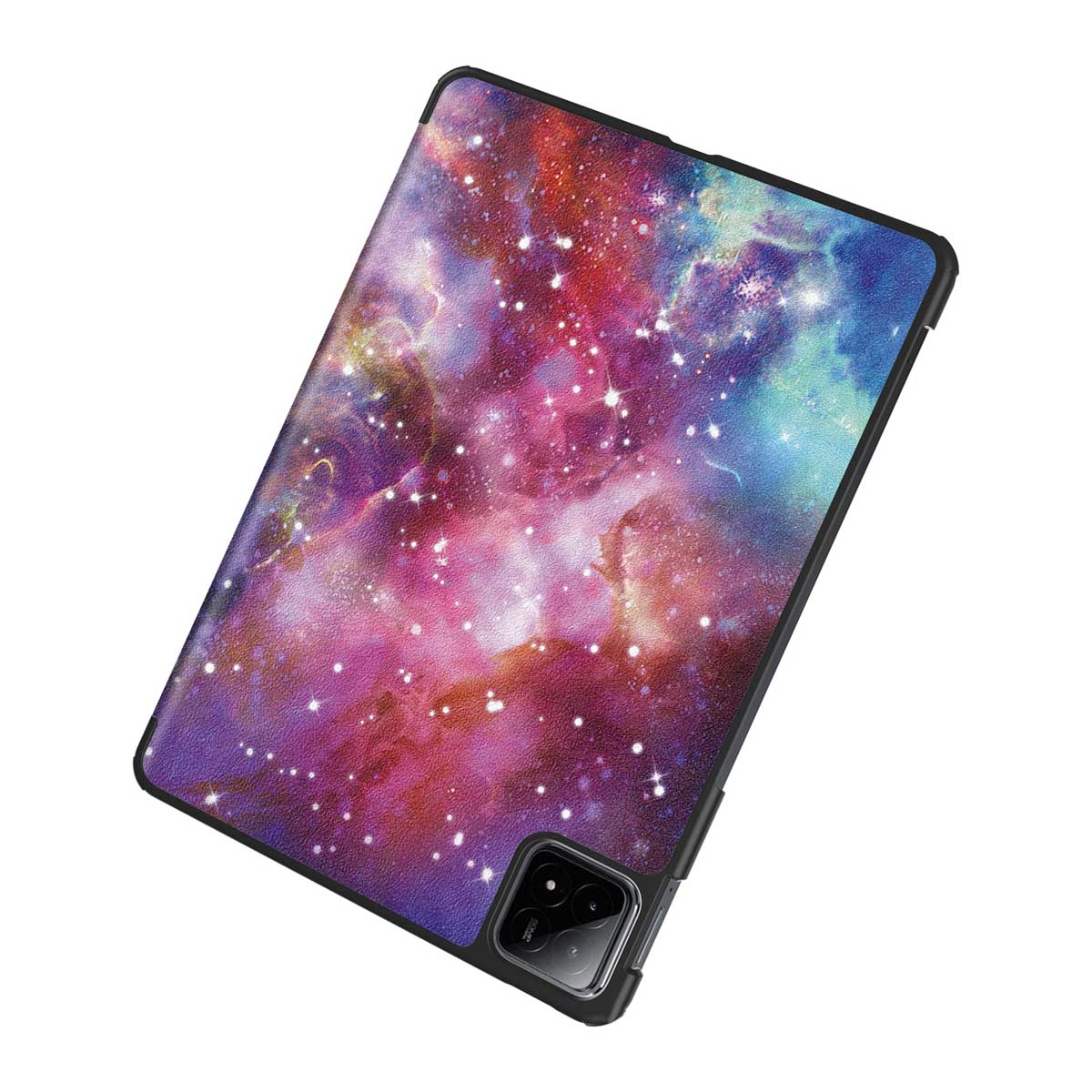 Étui de tablette avec un design de galaxie colorée, avec des couleurs pourpre, rose, bleu et blanc.