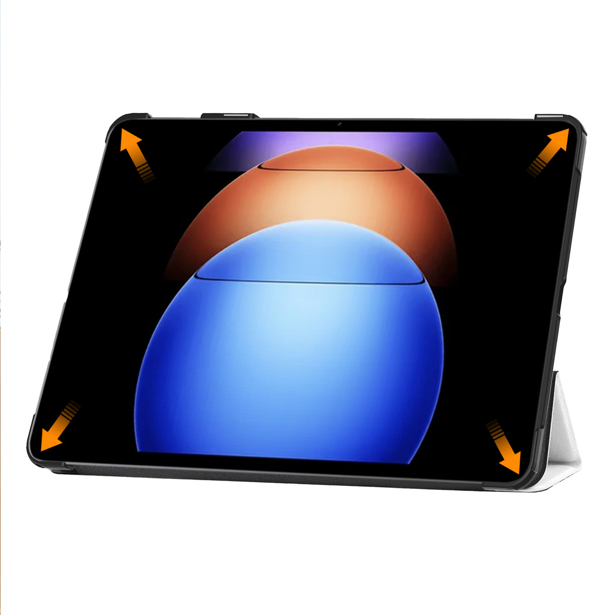 Tablette dans un étui ouvert, avec des flèches pointant vers les bords de l'écran. Formes abstraites.