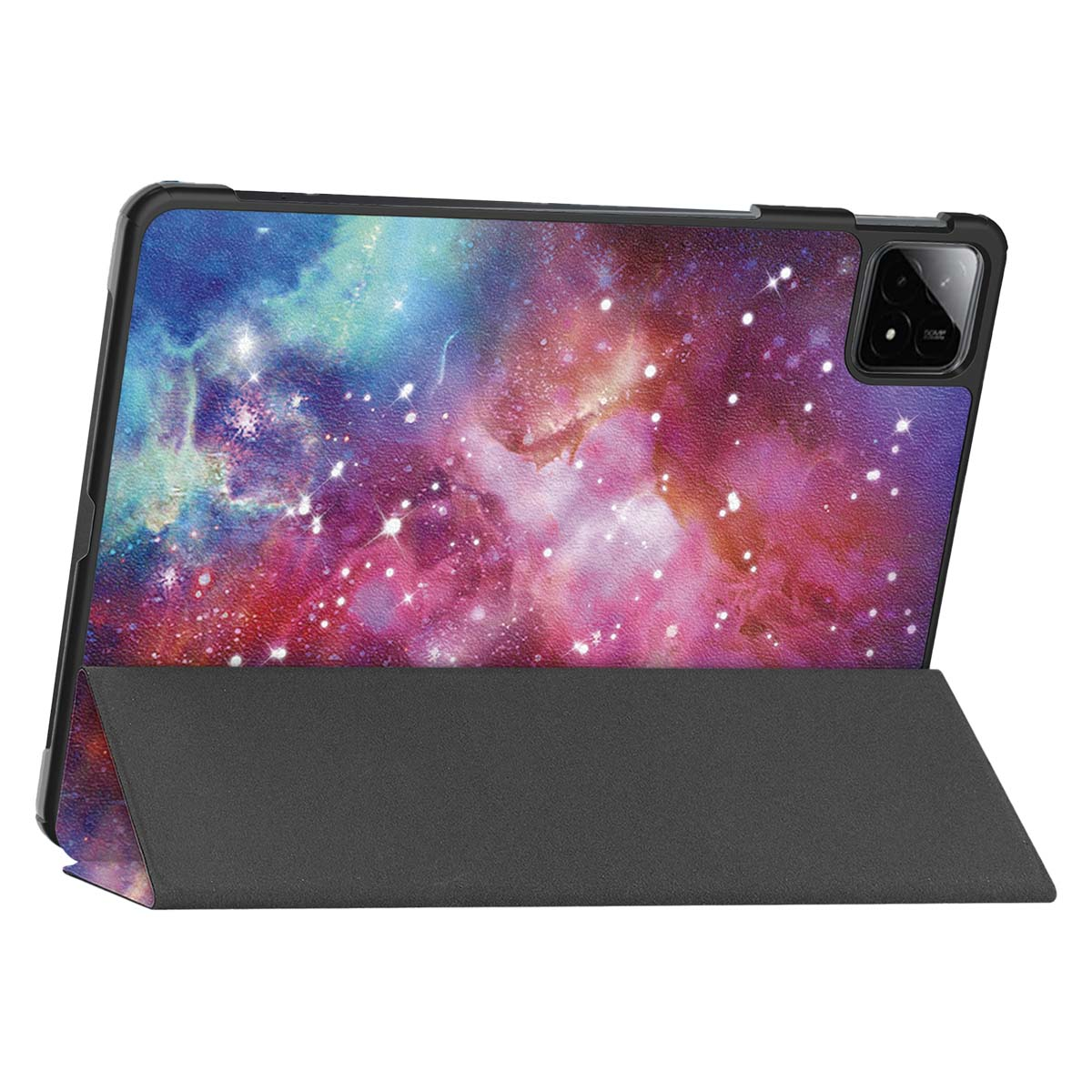 Coque de tablette avec design galaxie. C'est une housse de protection avec fonction de support.