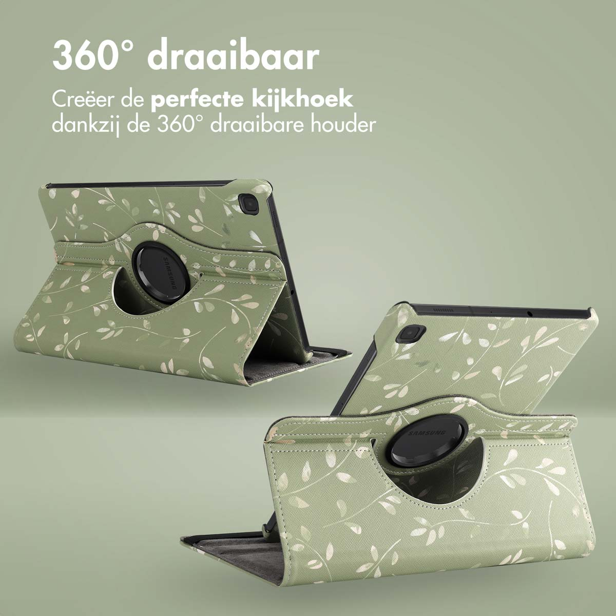 Tablethoes, groen met bloemmotief. Drie aanzichten. Witte achtergrond.
