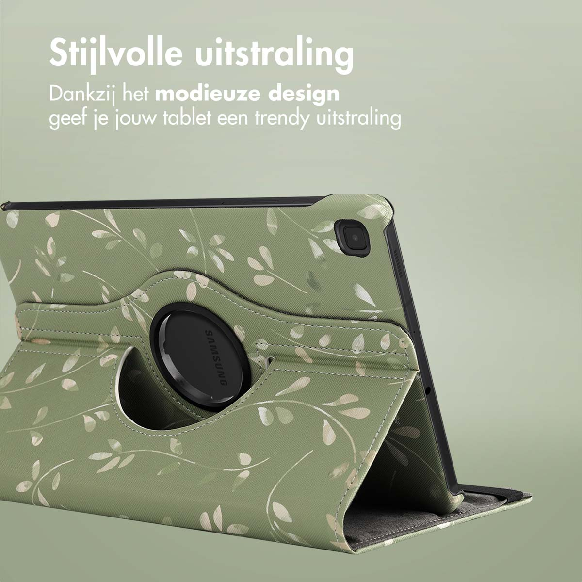 Groene tablethoes met een bloemenpatroon en een draaibare standaard, op een zachte groene achtergrond.