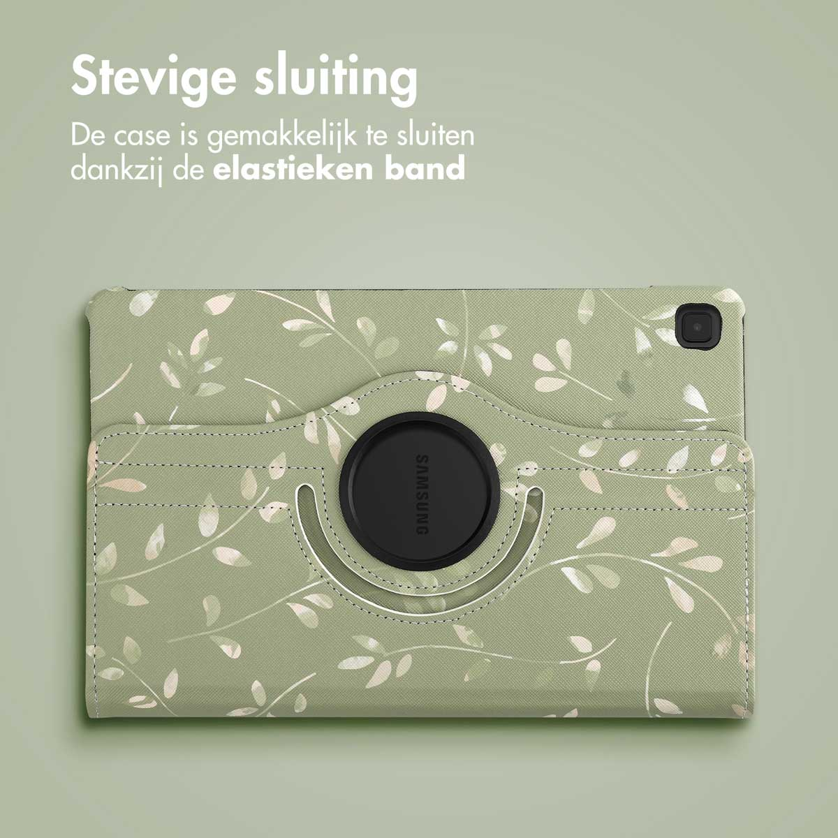 Tablethoes met bloemenpatroon, gesloten. Tekst: Veilige sluiting.