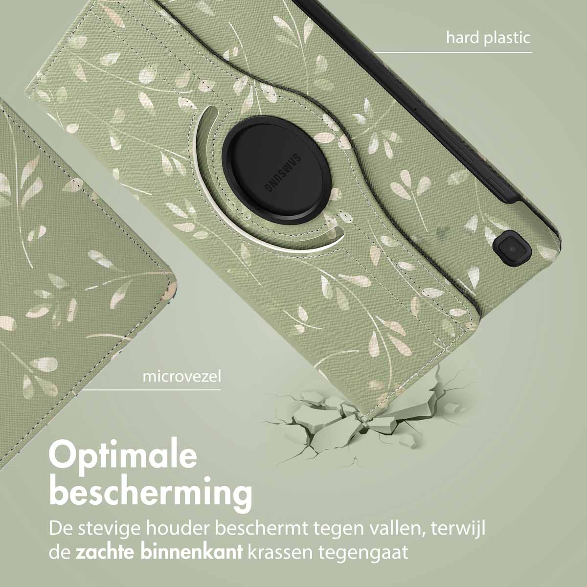 Een groene tablethoes met een bloemenpatroon wordt getoond, met tekst over bescherming.