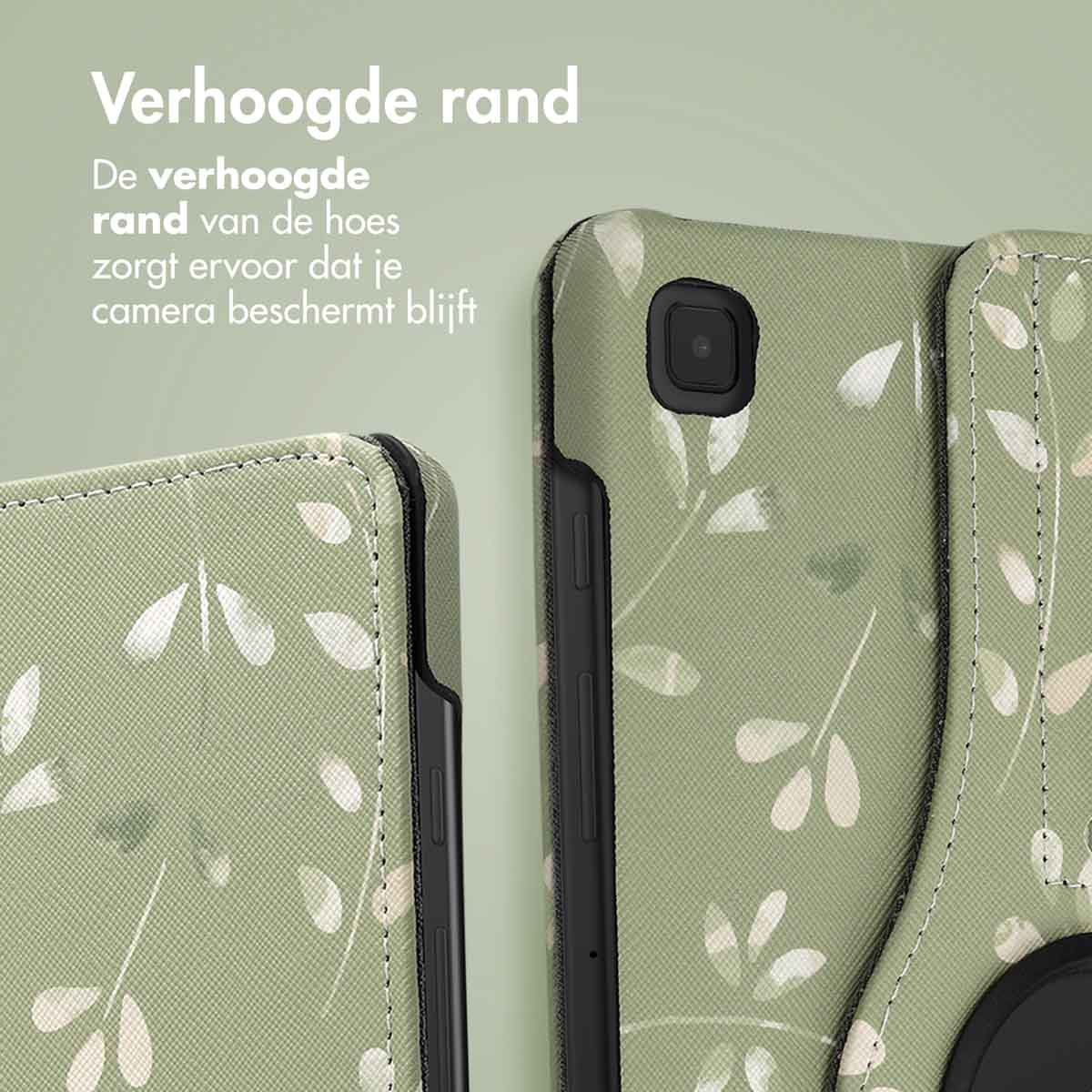 Close-up van een tablethoes, groen met witte bladerpatronen. Tekst: "Verhoogde rand beschermt de camera".