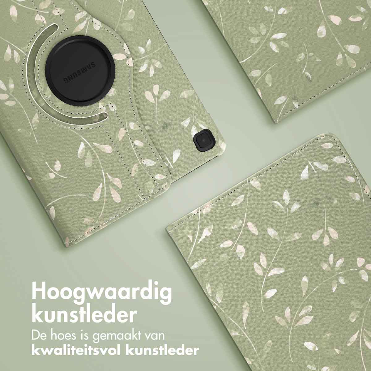 Groene tablethoes met bladerpatroon. Drie delen zichtbaar. Tekst: Hoogwaardig kunstleer.