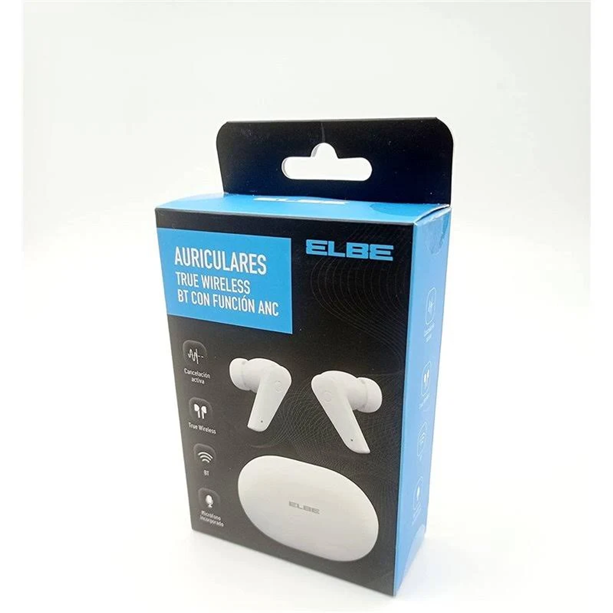 Scatola di auricolari bianchi con auricolari. La scatola ha testo in blu e bianco. Lo sfondo è bianco.