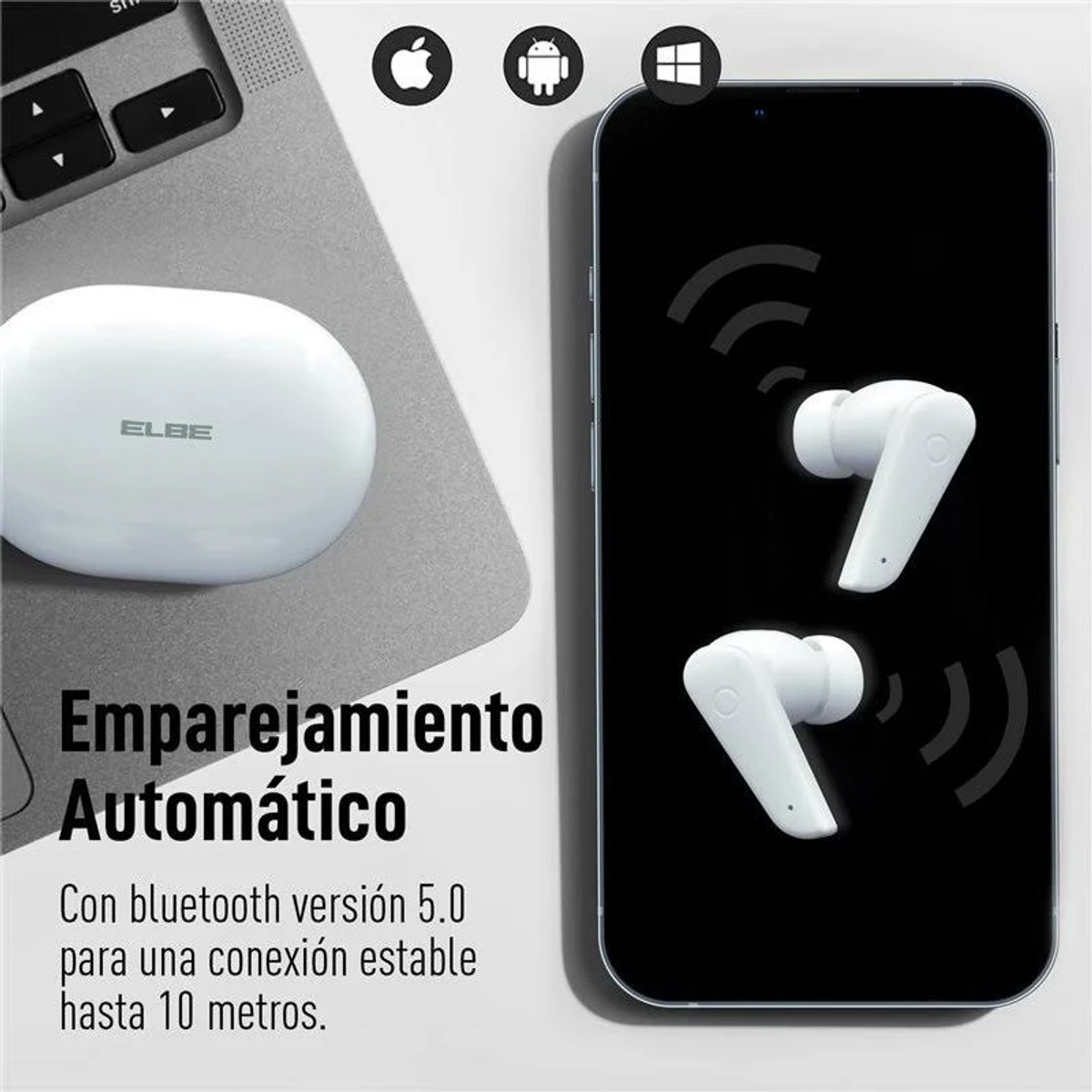 Auricolari wireless bianchi accanto a un telefono. Testo: accoppiamento automatico.