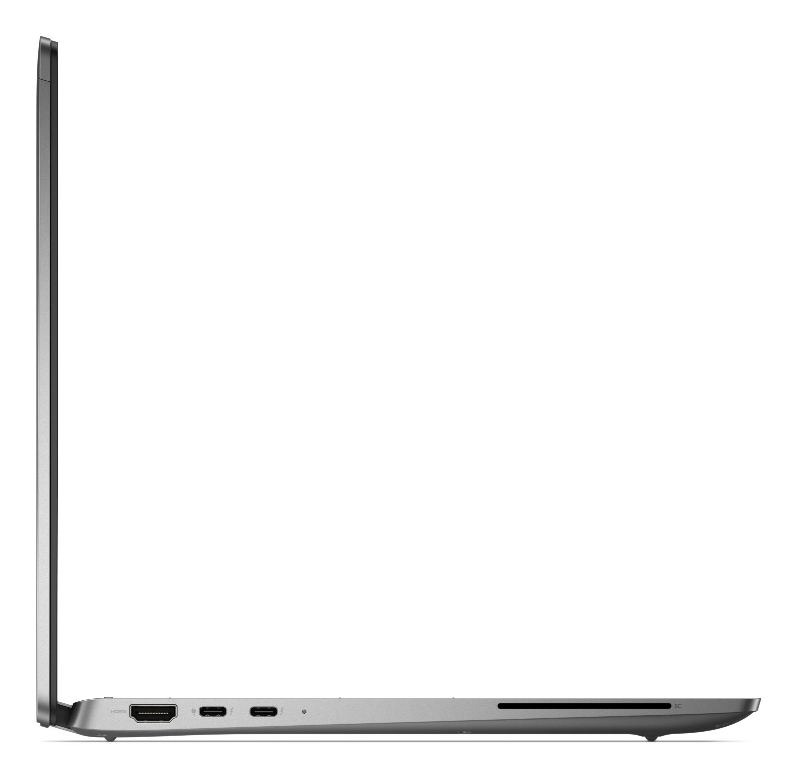 Seitenansicht eines silbernen Laptops. Der Bildschirm ist geschlossen. Anschlüsse sind sichtbar. Der Hintergrund ist weiß.