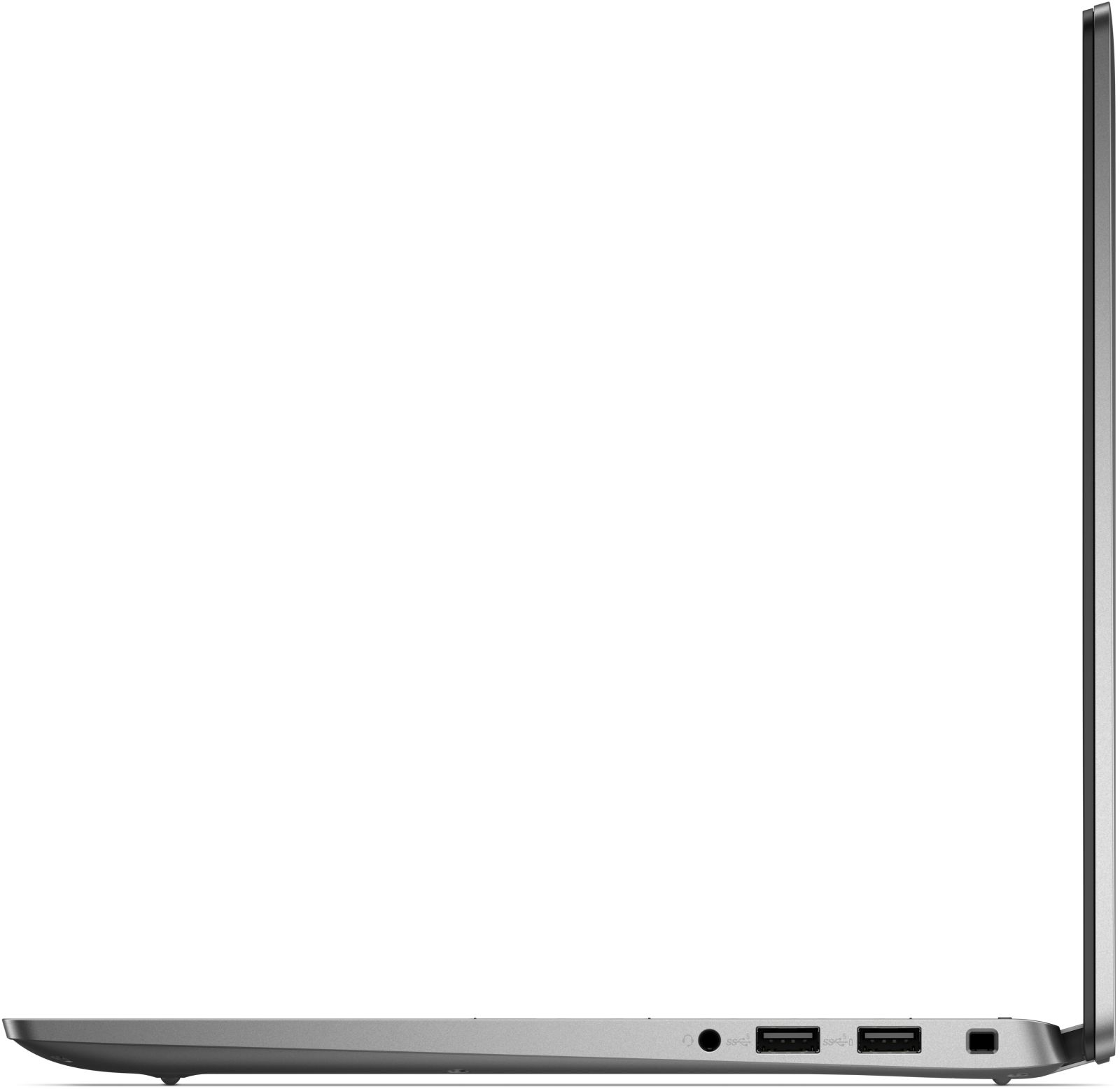 Seitenansicht eines grauen Laptops. Sichtbar sind Anschlüsse für Kopfhörer, USB und einen Ladeanschluss.