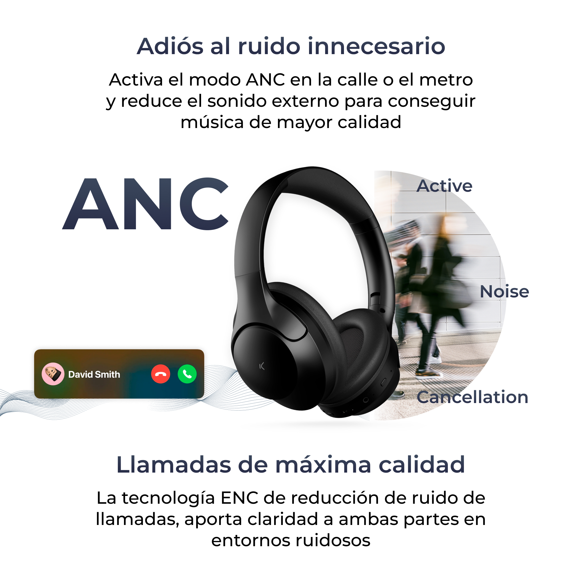 Cuffie nere con funzione ANC, con testo e diagrammi.
