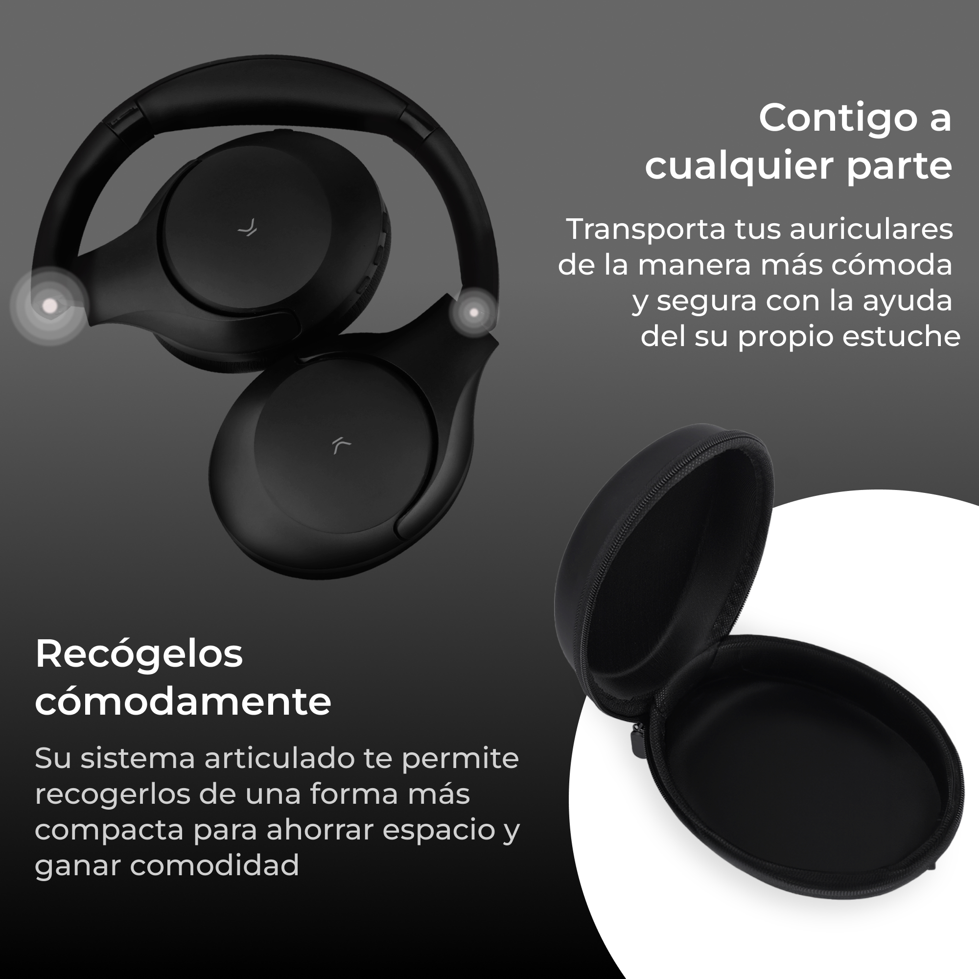 Cuffie e custodia nere. Cuffie piegate nella custodia. Testo: 'Recógelos cómodamente'.