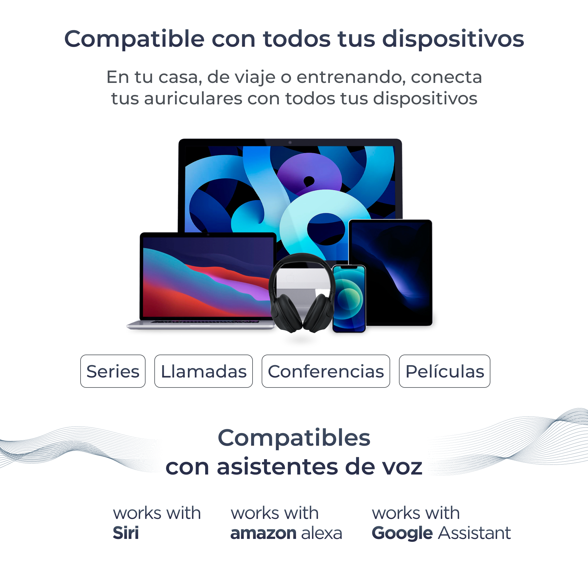 Dispositivi tra cui laptop, tablet, telefono e cuffie.