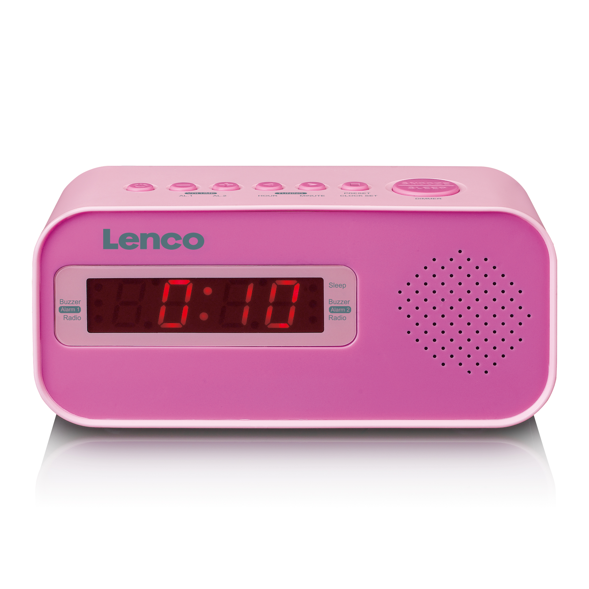 Réveil Lenco rose avec affichage numérique rouge indiquant 08:10.
