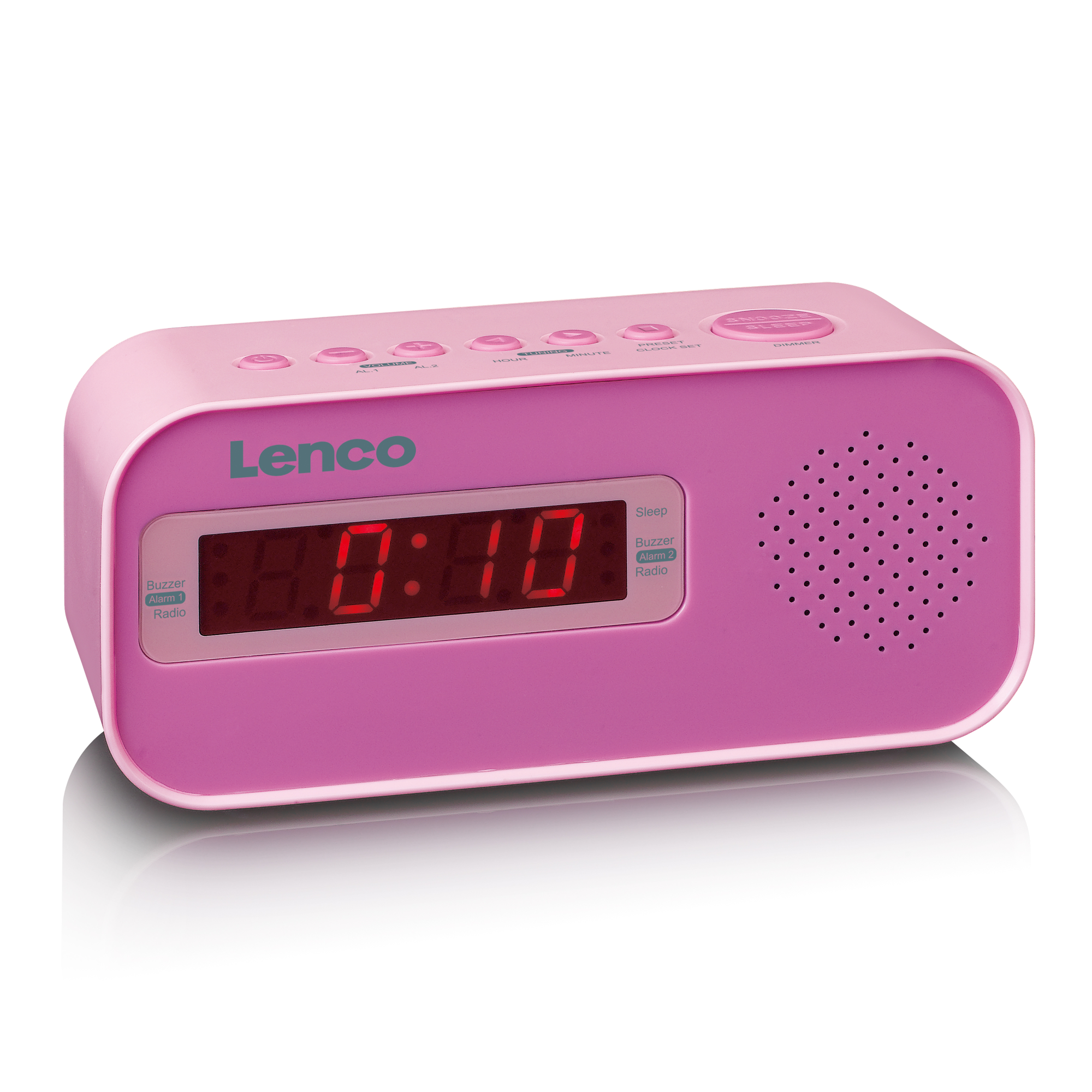 Radio réveil numérique Lenco rose, avec affichage indiquant 8:10. Fond blanc.