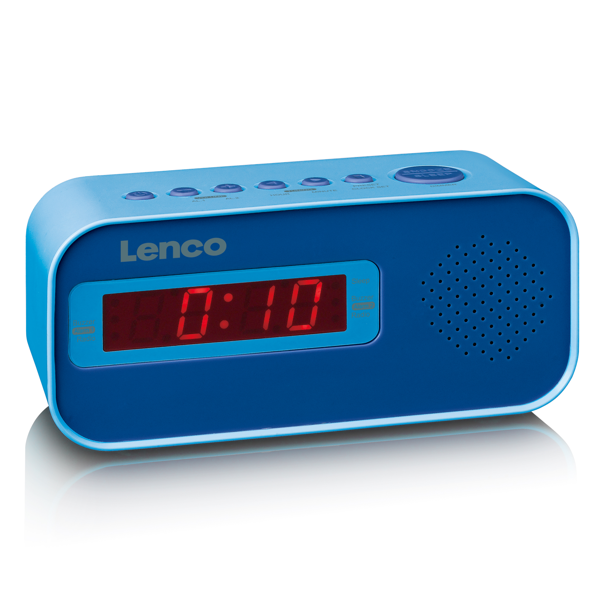 Réveil Lenco bleu avec affichage numérique rouge indiquant 8:10. Les boutons sont visibles.