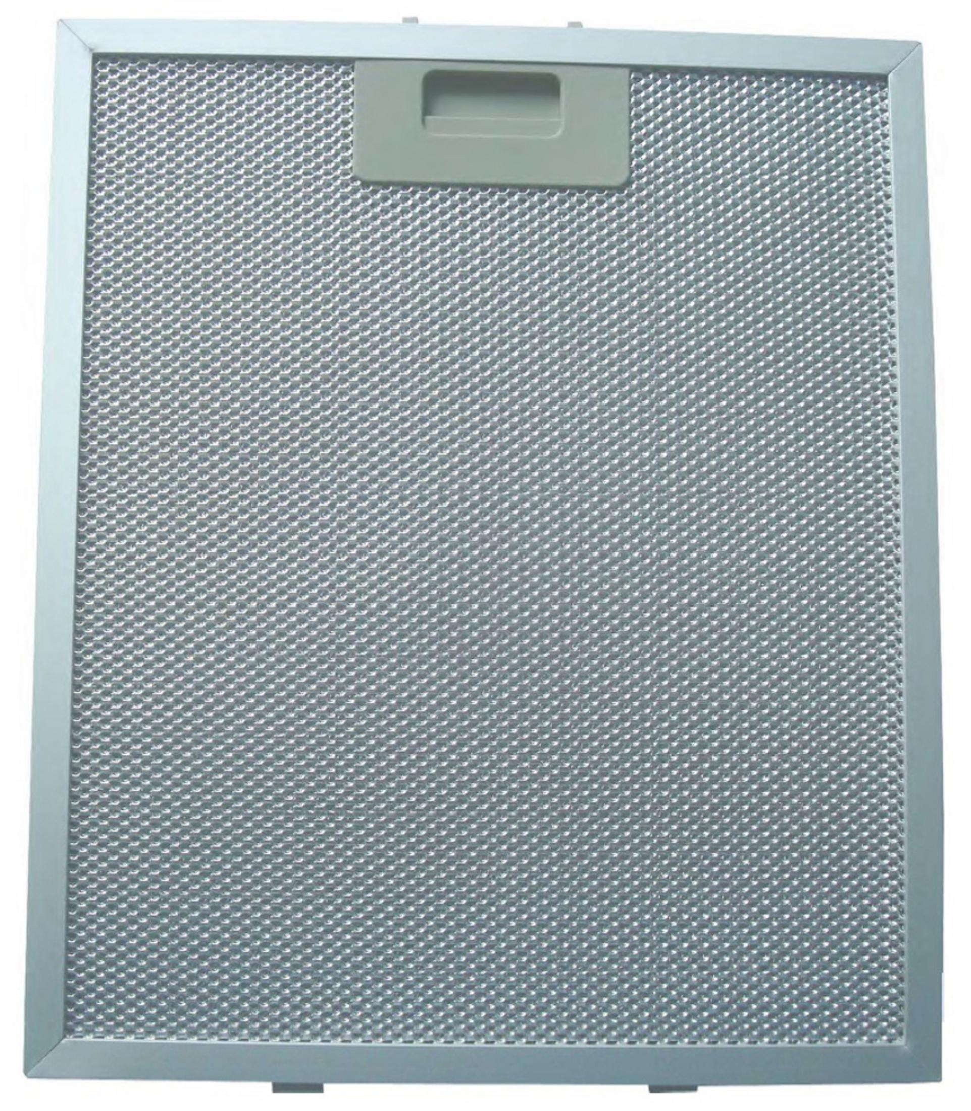 Nahaufnahme eines silbernen Metall-Dunstabzugsfilter. Der Filter hat ein Netzmuster und einen Griff.