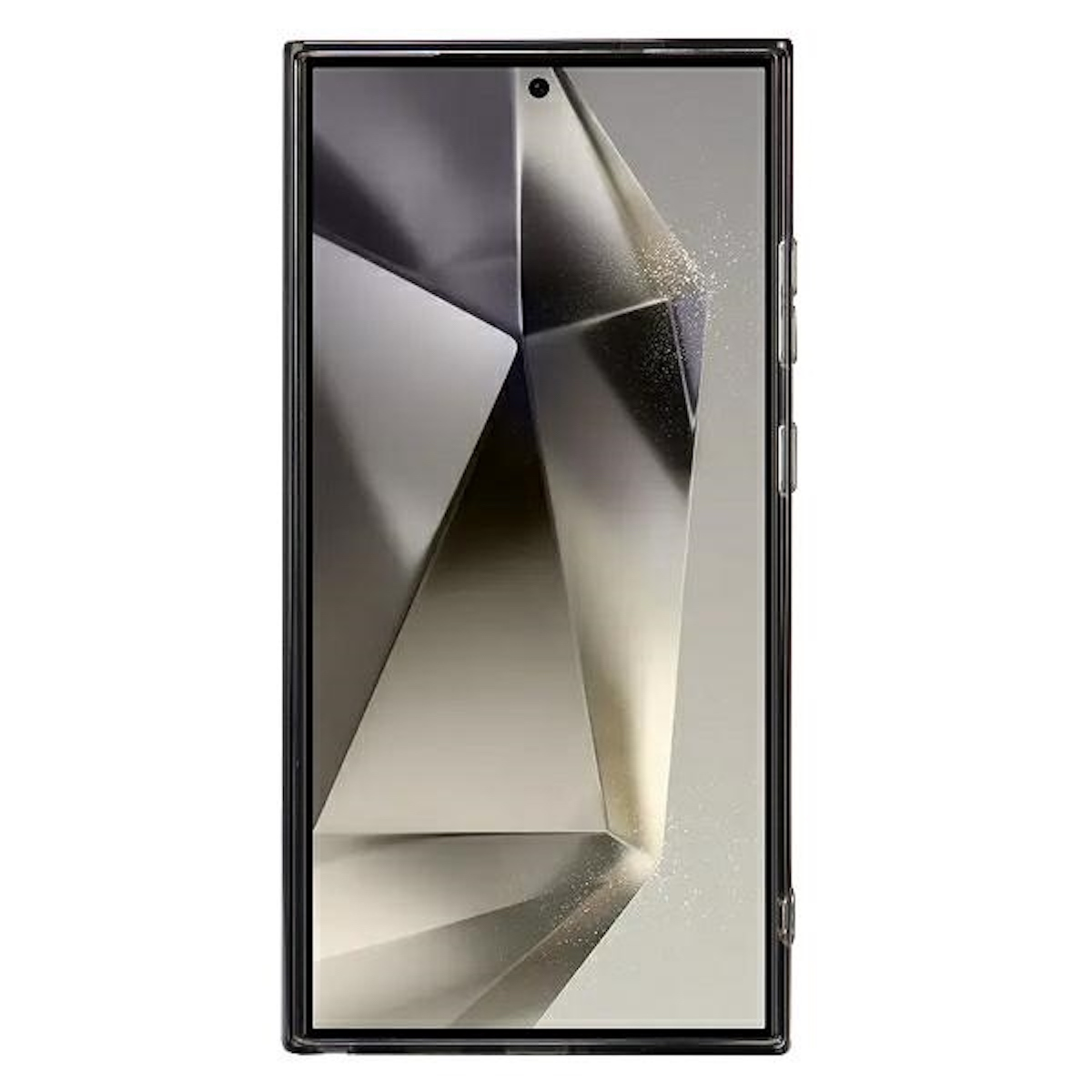 Smartphone con cornice nera e schermo che mostra un design geometrico.