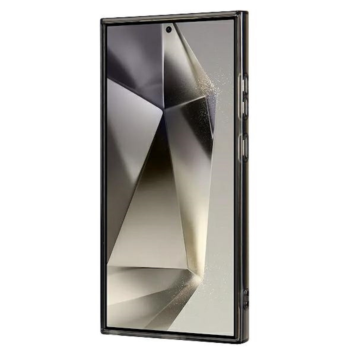 Smartphone con un design geometrico sullo schermo, in una custodia trasparente.
